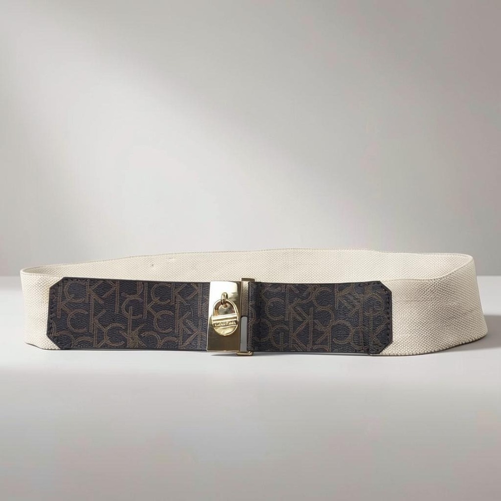 Calvin Klein Womens Monogram Wide Elastic Waist Belt Gold Padlock Buckle M/L